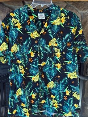 SpongeBob SquarePants Black Hawaiian Shirt with Teal, Yellow & Orange Print